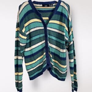 Vtg 90s PASTA Women’s Cardigan Sweater Striped Blue Ramie Slouchy‎ Cozy Preppy